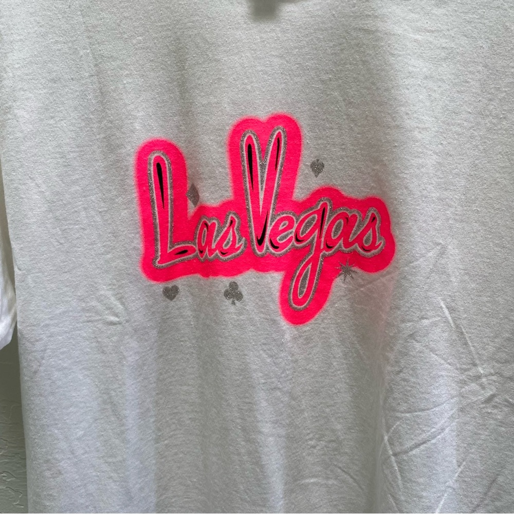 Vintage 90s Las Vegas Print Large T-Shirt Women's White w/ Hot Pink Neon Graphic - Picture 6 of 12
